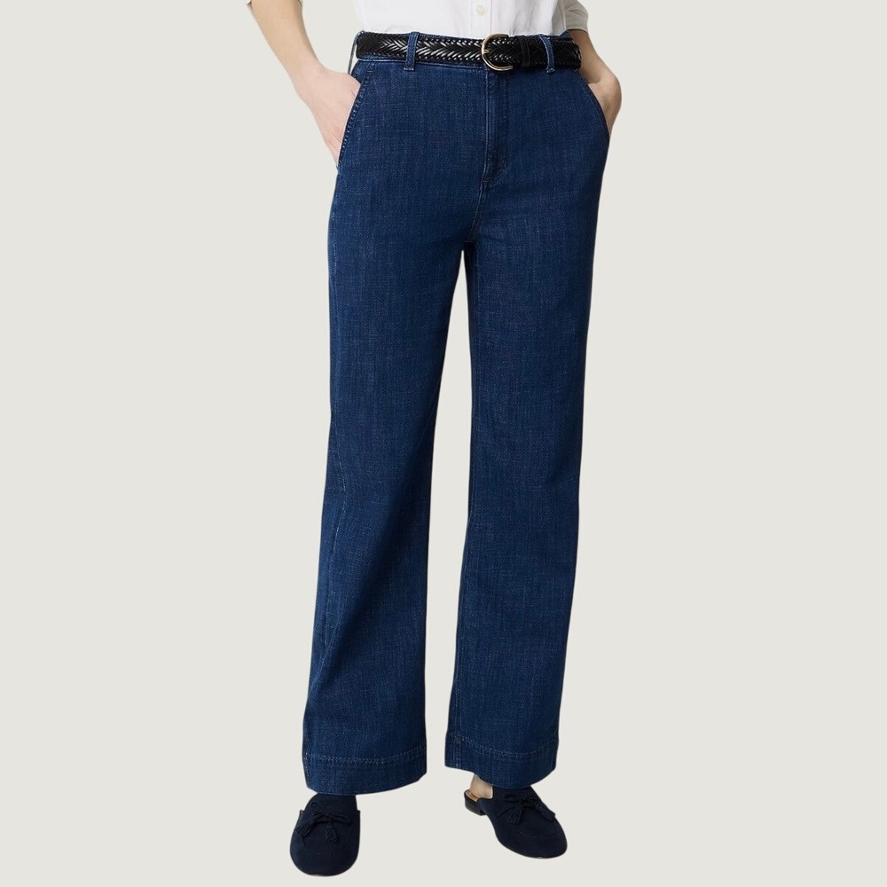 J. Crew High Rise Trouser‎ Jean Dark Indigo Denim Wide Leg Stretch Size 30